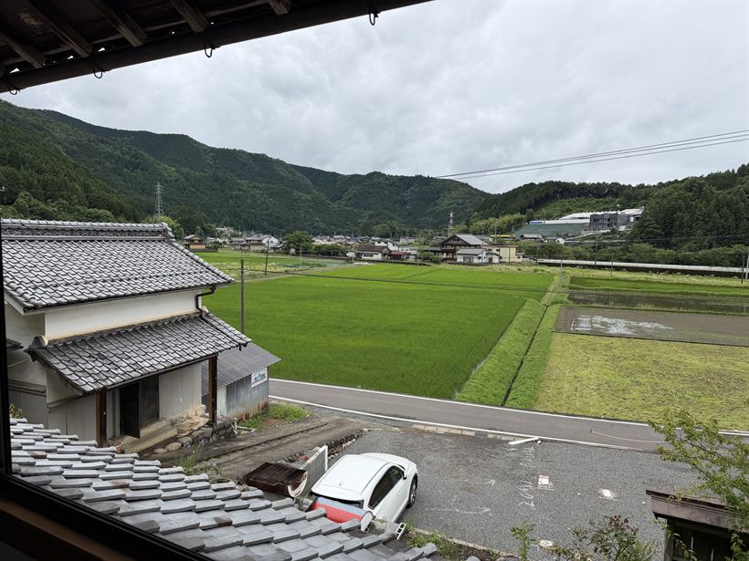 田んぼに面した古民家とその前の道